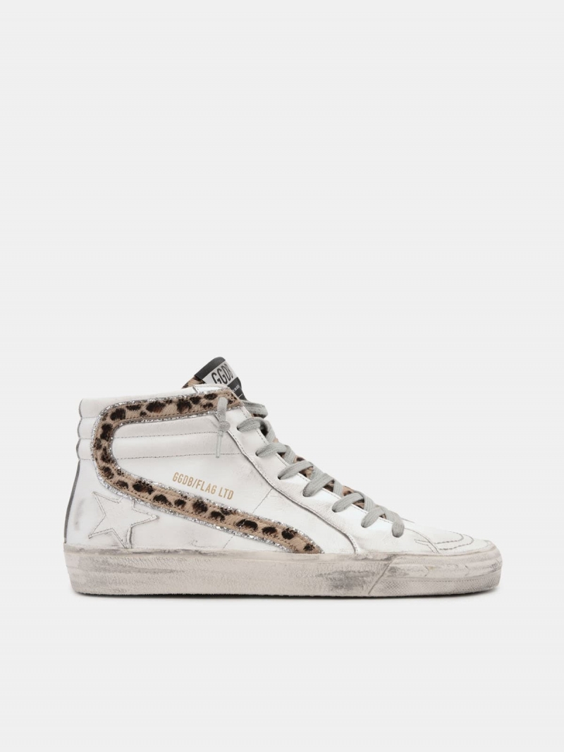 Slide sneakers with leopard print pony skin inserts